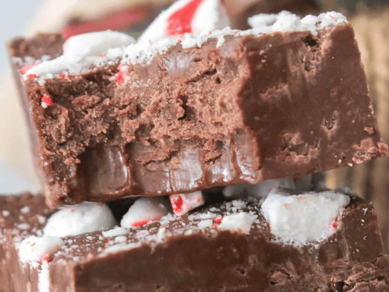 Close-up of stacked pieces of chocolate fudge with crushed peppermint candy on top; one piece has a bite taken out.