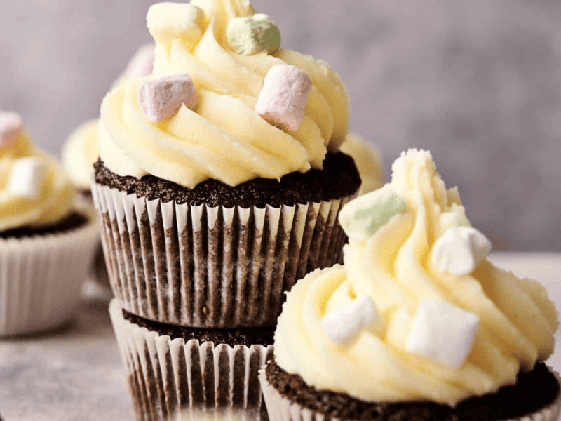 Chocolate cupcakes with swirled vanilla frosting, topped with small pastel-colored marshmallows, arranged closely together.