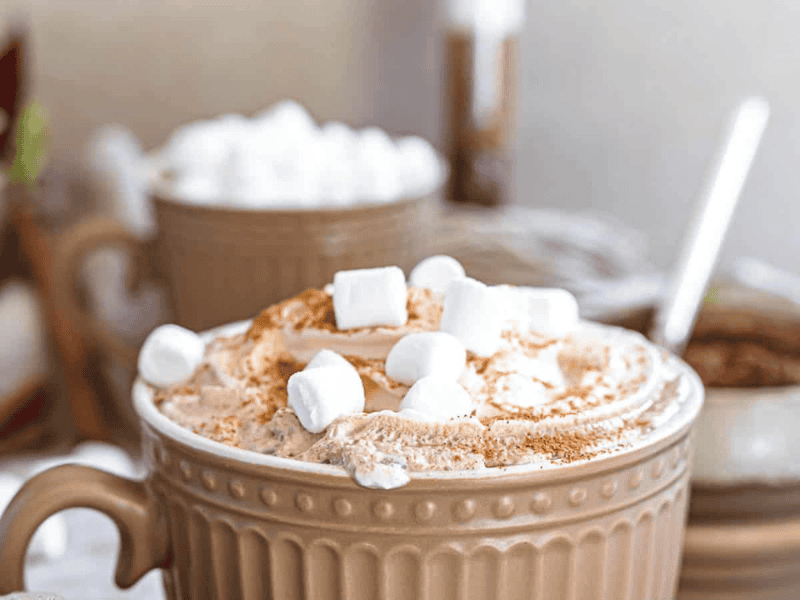 A mug of hot chocolate topped with whipped cream, marshmallows, and a sprinkle of cocoa powder, with another mug and bowl of marshmallows in the background.