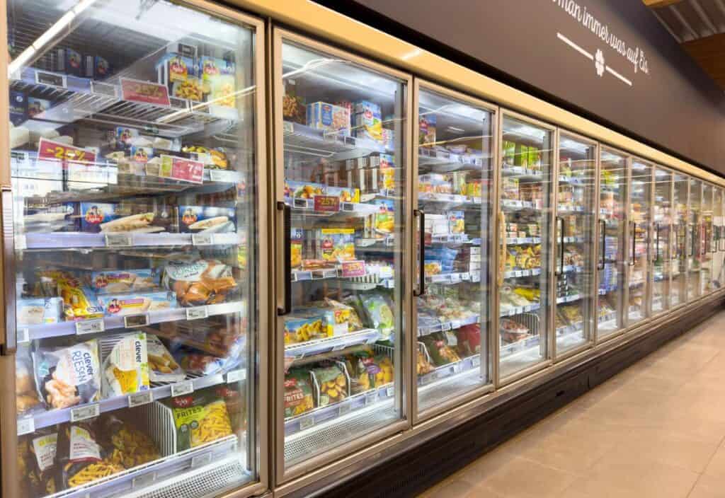 A supermarket aisle with glass-door freezers displaying various frozen foods, including vegetables, meals, pizzas, and desserts, organized on shelves.