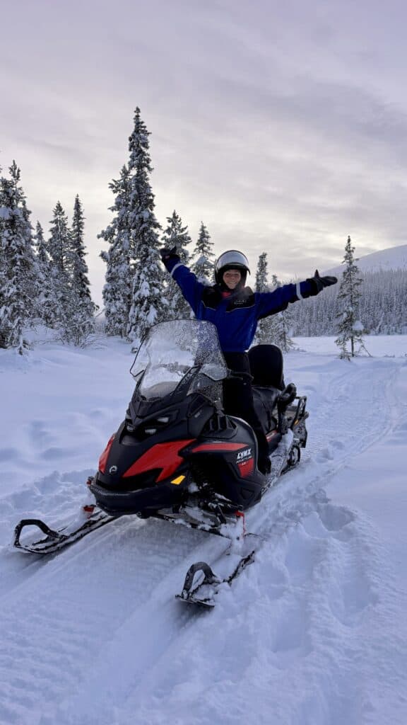 Person wearing a helmet and winter gear sits on a snowmobile with arms raised, surrounded by snowy trees and a winter landscape.