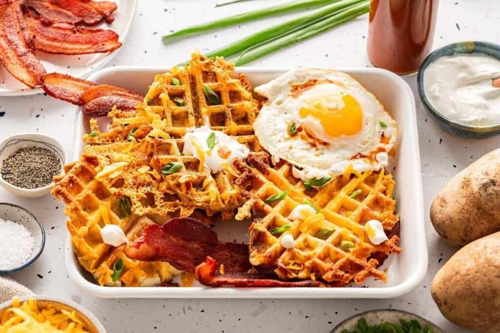 A plate of waffle-cut hash browns topped with a sunny-side-up egg, bacon strips, sour cream, and chopped green onions, surrounded by potatoes and pepper&mdash;perfect for those who crave better breakfasts.