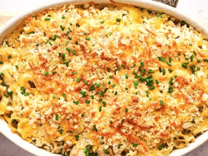 Tuna casserole in a white baking dish.