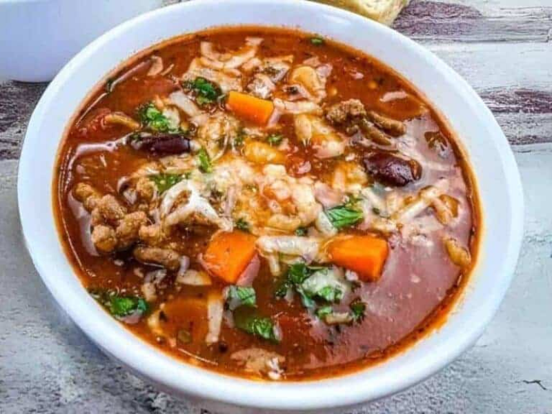 A bowl of Pasta e Fagioli Soup.