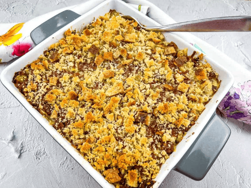 Corned Beef Hash Casserole in a square baking dish.