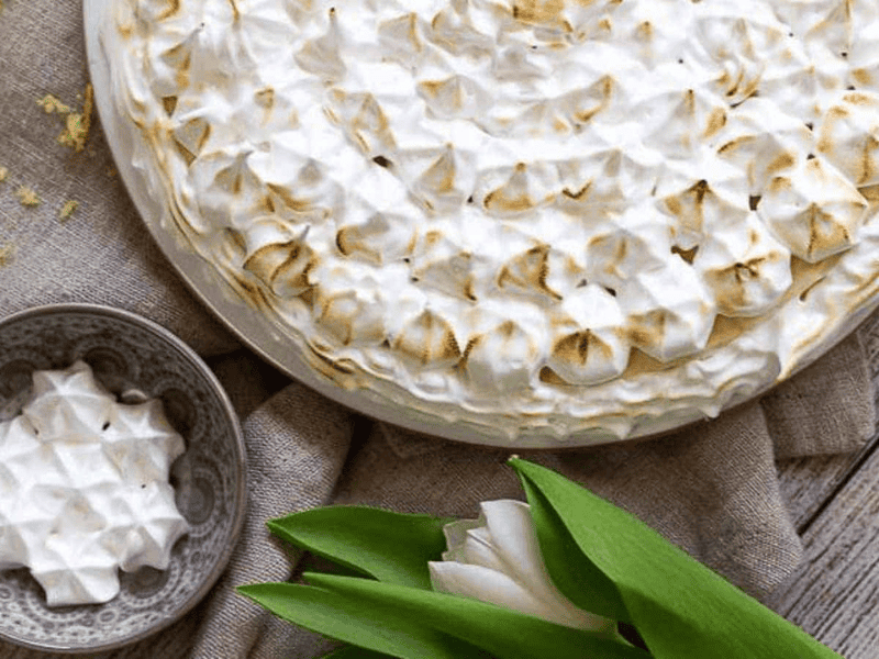 No-Base Instant Pot Keto Lemon Cheesecake with meringue on top.
