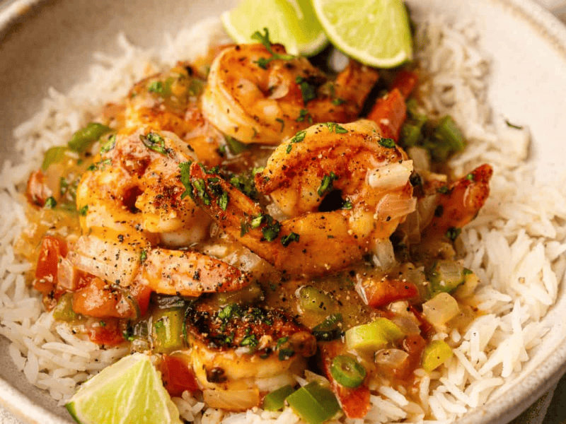 A bowl of white rice topped with cooked shrimp, diced tomatoes, green onions, and sauce, garnished with chopped herbs and lime wedges.