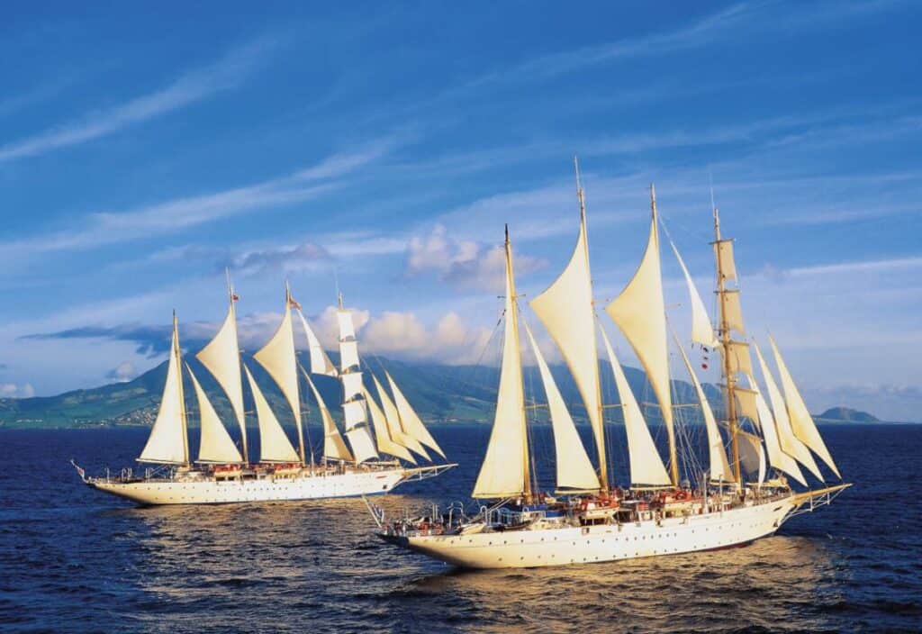 Two large white sailing ships with multiple masts and sails are on the open sea, with a mountainous coastline and blue sky in the background.