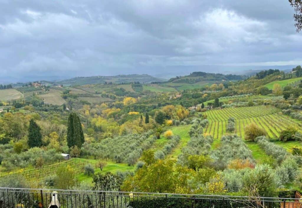Rolling hills with green fields, vineyards, olive trees, and scattered buildings under a cloudy sky.