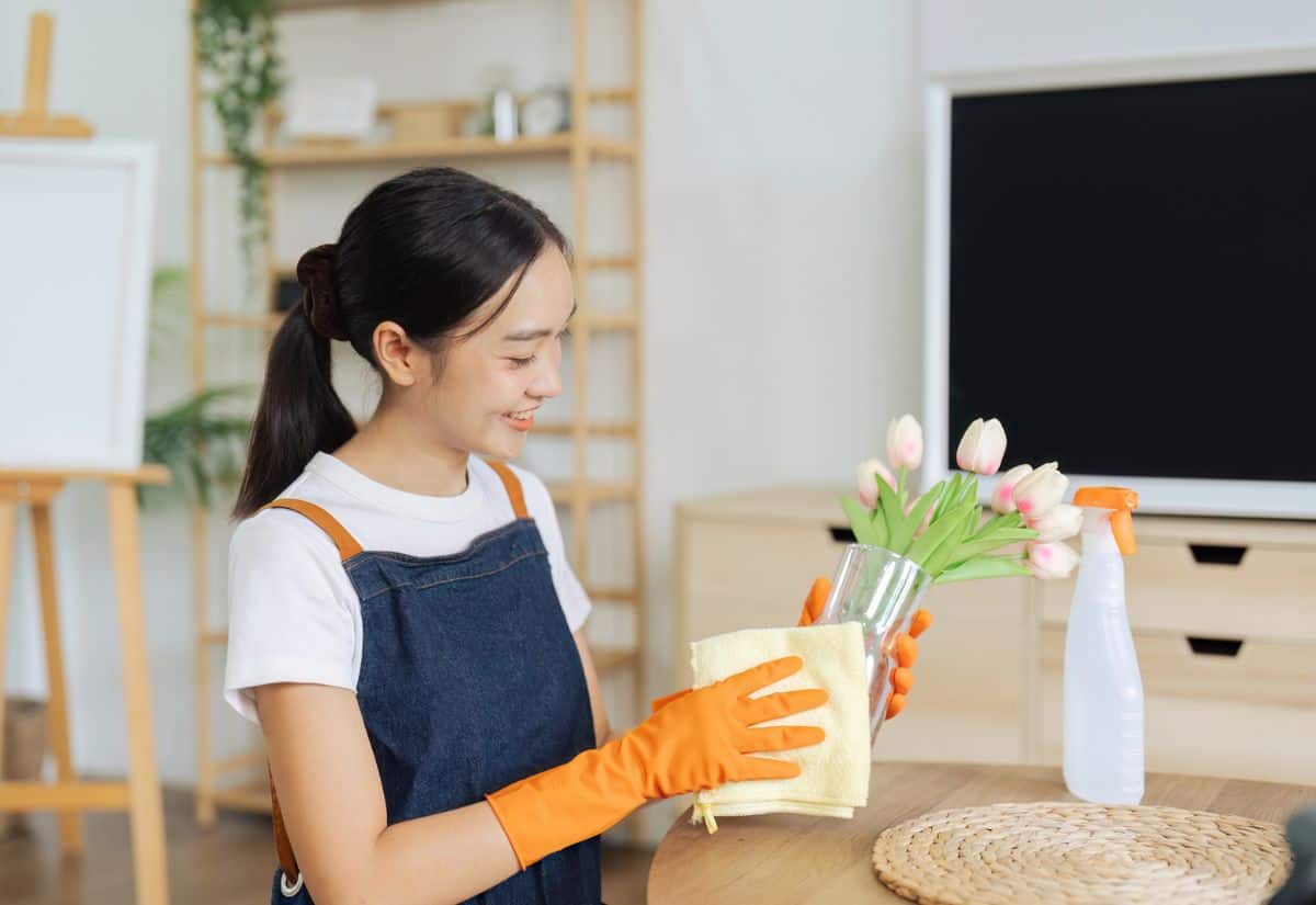 A woman wearing orange gloves cleans a vase of tulips with a yellow cloth at a wooden table. A spray bottle and placemat are also on the table.