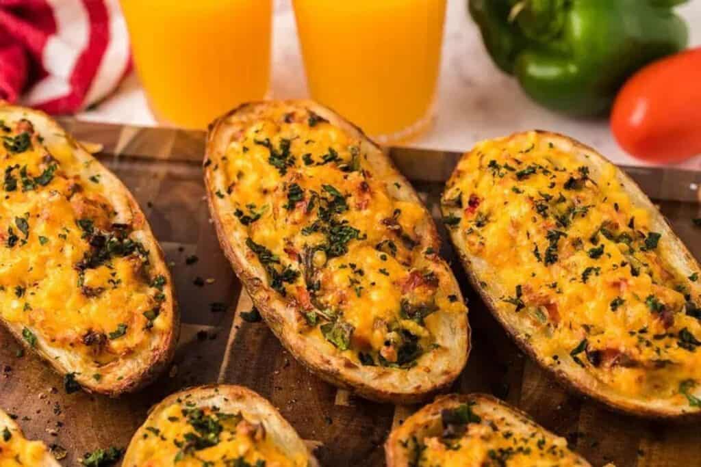 Tasty breakfast ideas: Stuffed potato skins topped with melted cheese and herbs on a wooden board, served with two glasses of orange juice in the background.