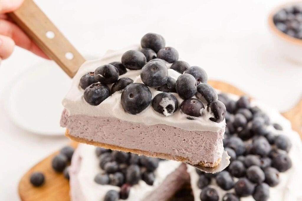 A hand holds a slice of simple cheesecake topped with whipped cream and fresh blueberries over the remaining cake.