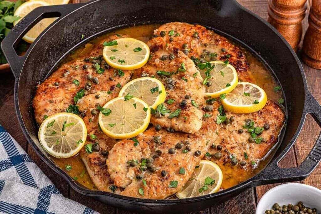 Chicken piccata in a cast iron skillet, topped with lemon slices, capers, and chopped parsley, with a golden sauce.