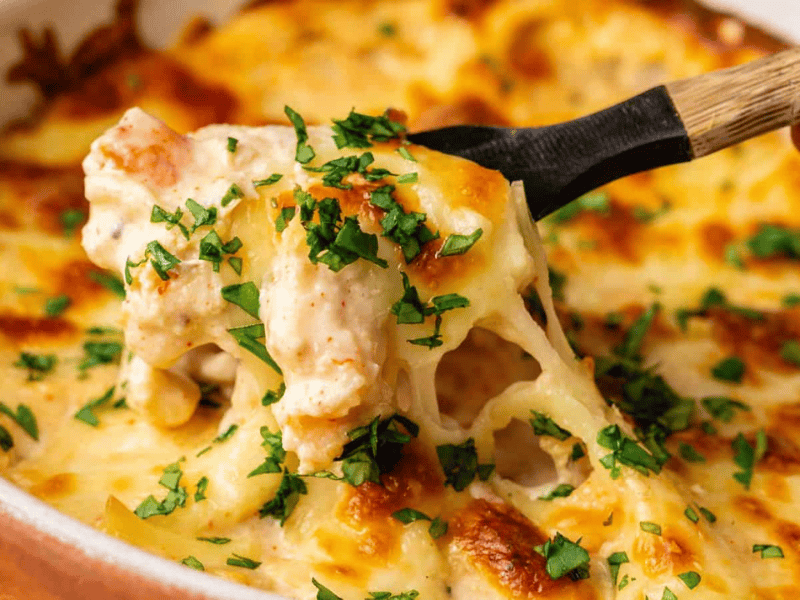 A spoon lifts a portion of cheesy baked pasta topped with chopped parsley from a casserole dish.