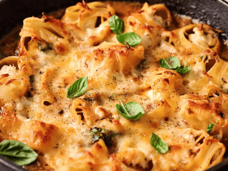 A skillet filled with baked stuffed pasta shells, topped with melted cheese, black pepper, and fresh basil leaves.