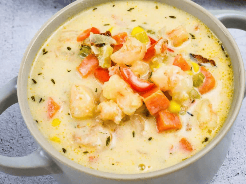 Shrimp & Corn Chowder with Chipotle in a bowl.