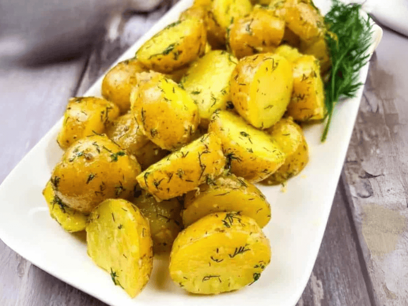 Ukrainian Potatoes on a white plate.