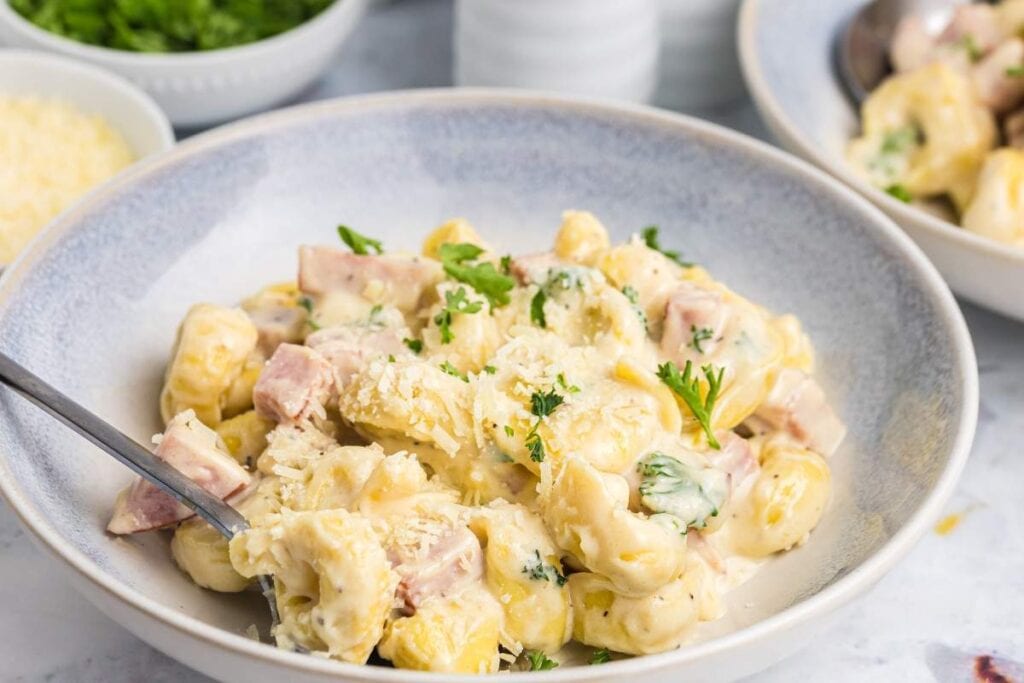 A bowl of creamy gnocchi pasta with pieces of ham, sprinkled with grated cheese and garnished with parsley&mdash;perfect for those seeking quick pasta recipes.