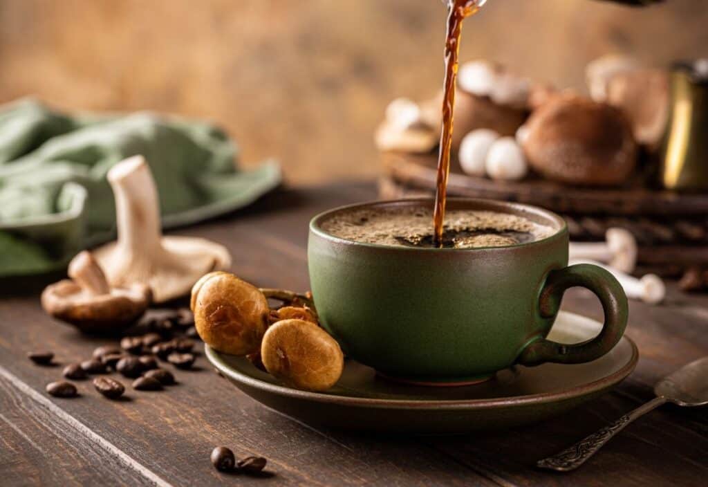 Coffee is being poured into a green cup on a saucer, with mushrooms and coffee beans on a wooden table in the background.