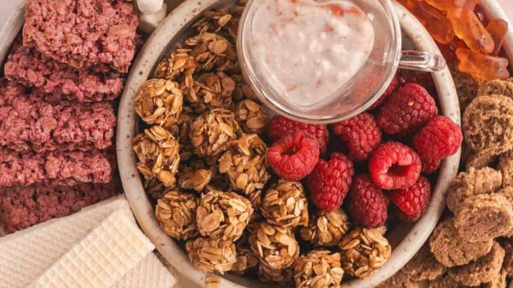 A plate with granola clusters, fresh raspberries, wafer cookies, berry bars, brown cookies, gummy candies, and a cup of yogurt dip.