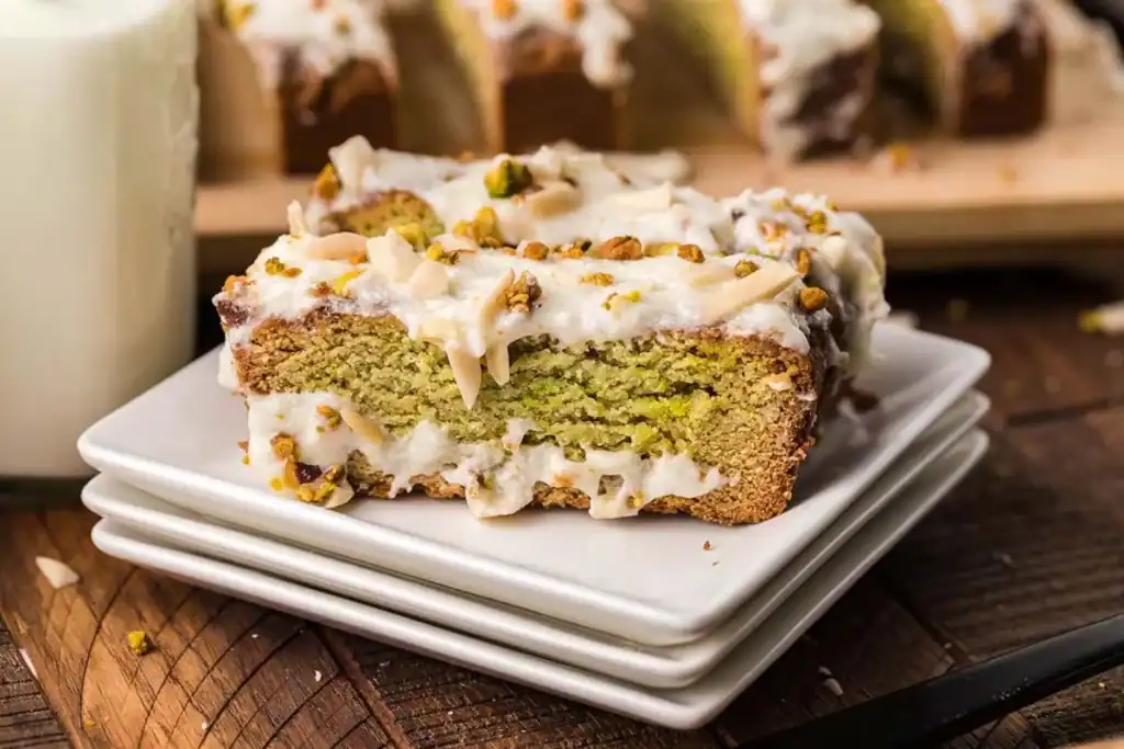 A slice of pistachio cake with white icing and chopped pistachios on top, served on stacked white plates, with a blurred loaf and glass of milk in the background.