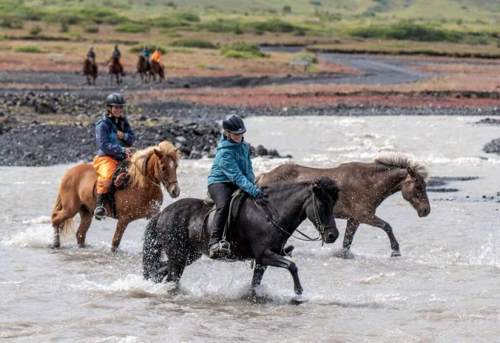 Two people enjoy equine travel as they ride horses across a shallow river, with two more riders following along the scenic trail in the background.