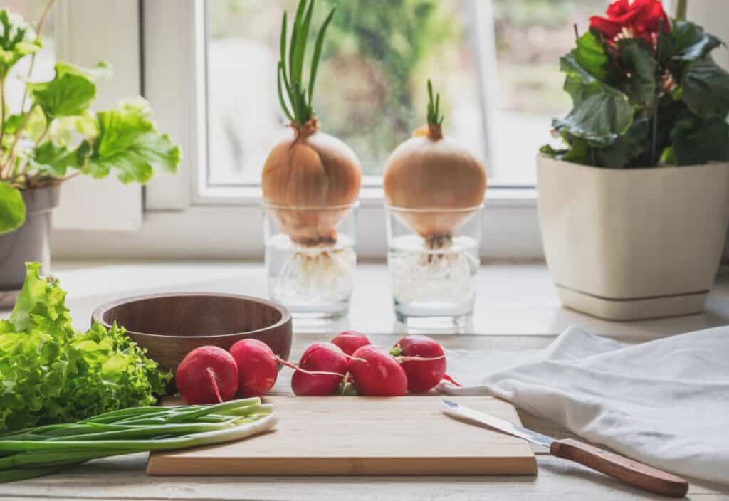 Fresh vegetables&mdash;lettuce, radishes, and green onions&mdash;rest on a kitchen counter with a cutting board, knife, and potted plants near a bright window, perfect for seasonal spring cooking.