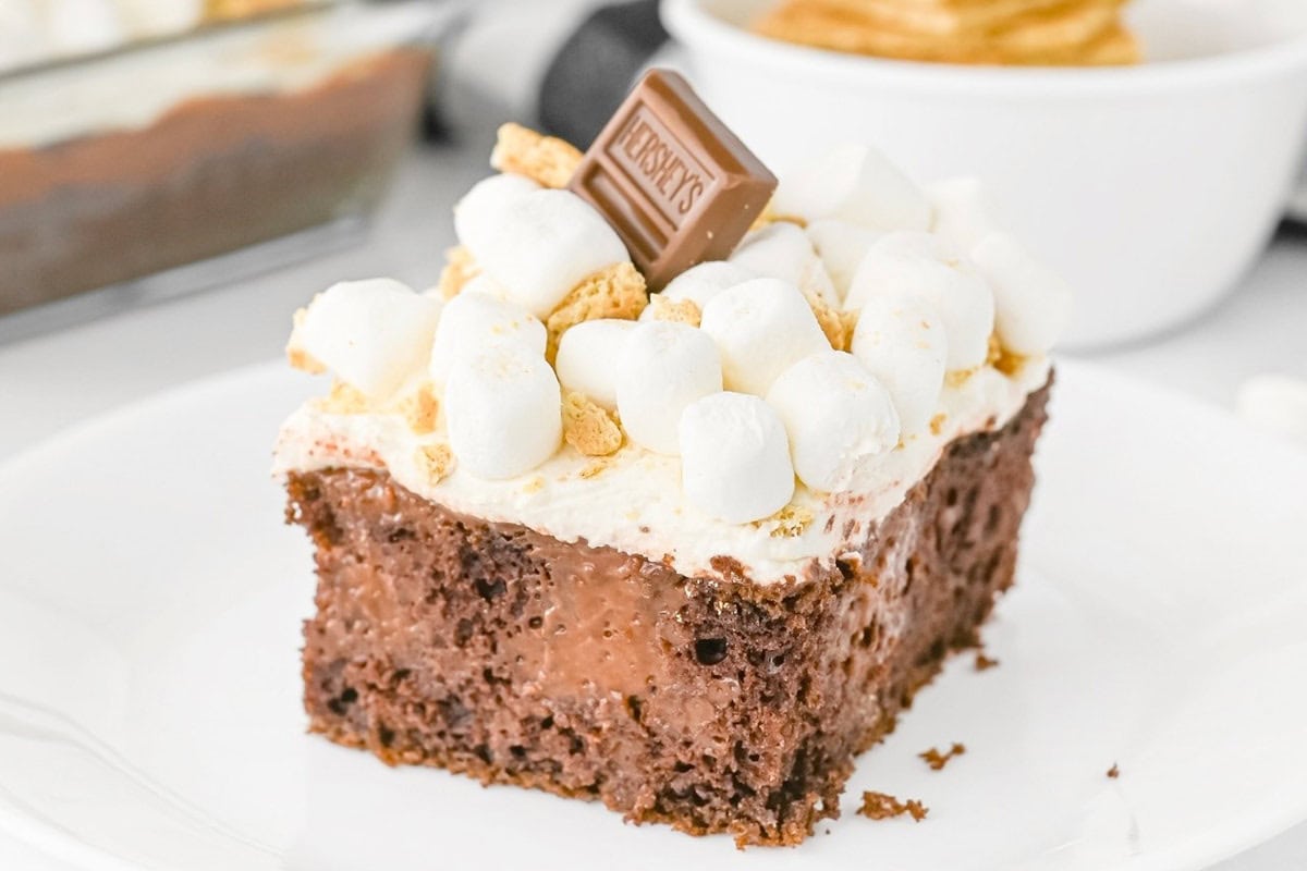 A slice of chocolate cake topped with whipped cream, mini marshmallows, graham cracker crumbs, and a piece of Hershey's chocolate on a white plate.