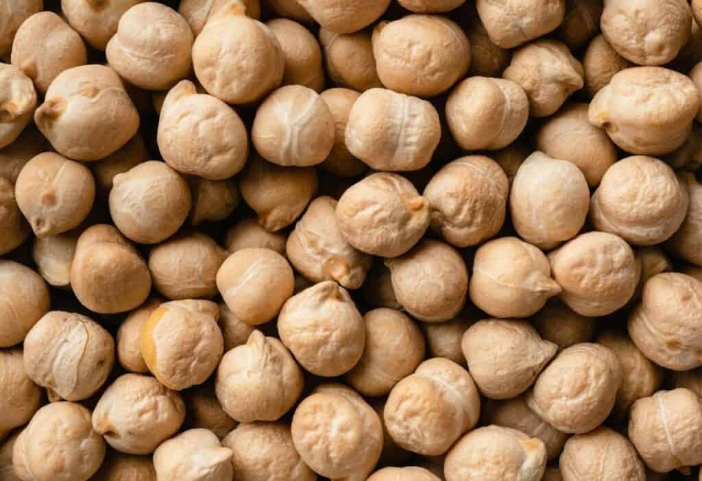 Close-up of a large pile of dried chickpeas, showing their round shape and beige color.