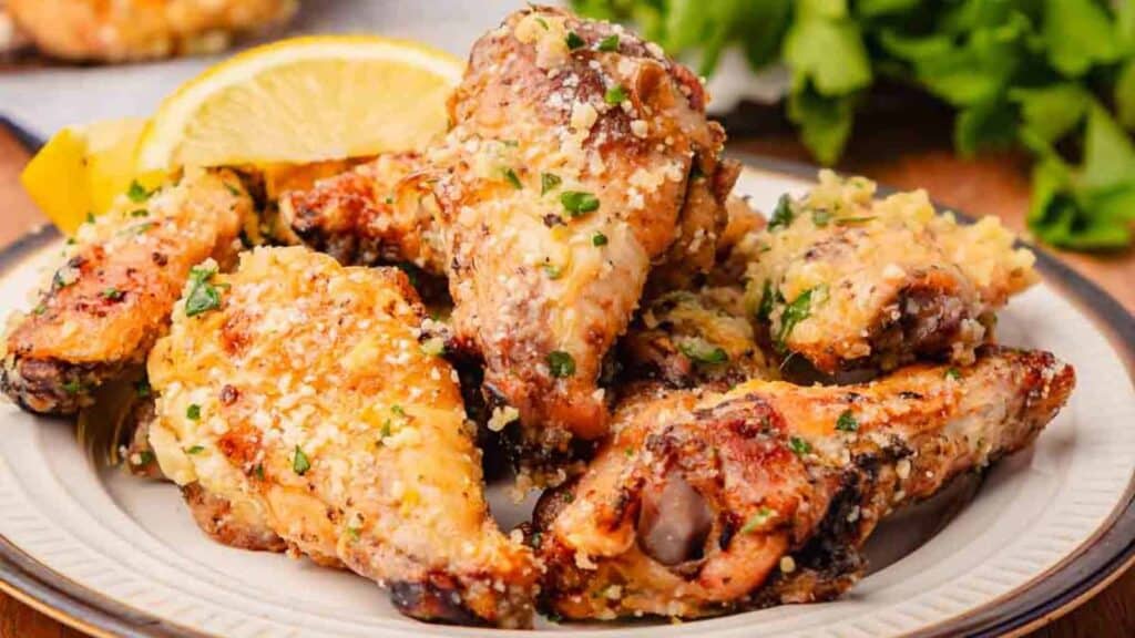A plate of baked chicken wings garnished with chopped herbs and grated cheese, served with a lemon wedge—perfect for steady budget dinners without sacrificing flavor.