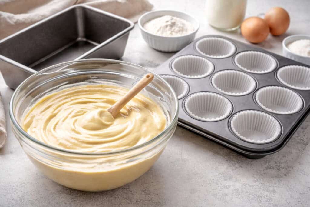 A glass bowl of cake batter with a spatula, a muffin tin lined with paper cups, a loaf pan, eggs, flour, and other baking ingredients on a kitchen counter.
