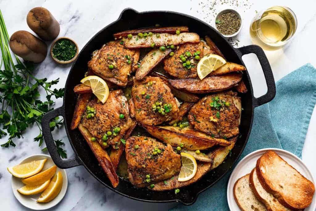 A skillet with cooked chicken thighs, potato wedges, peas, and lemon slices, surrounded by bread, lemon wedges, herbs, and a glass of white wine on a table.