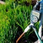 A digital water timer is attached to garden irrigation pipes, with green grass growing nearby.