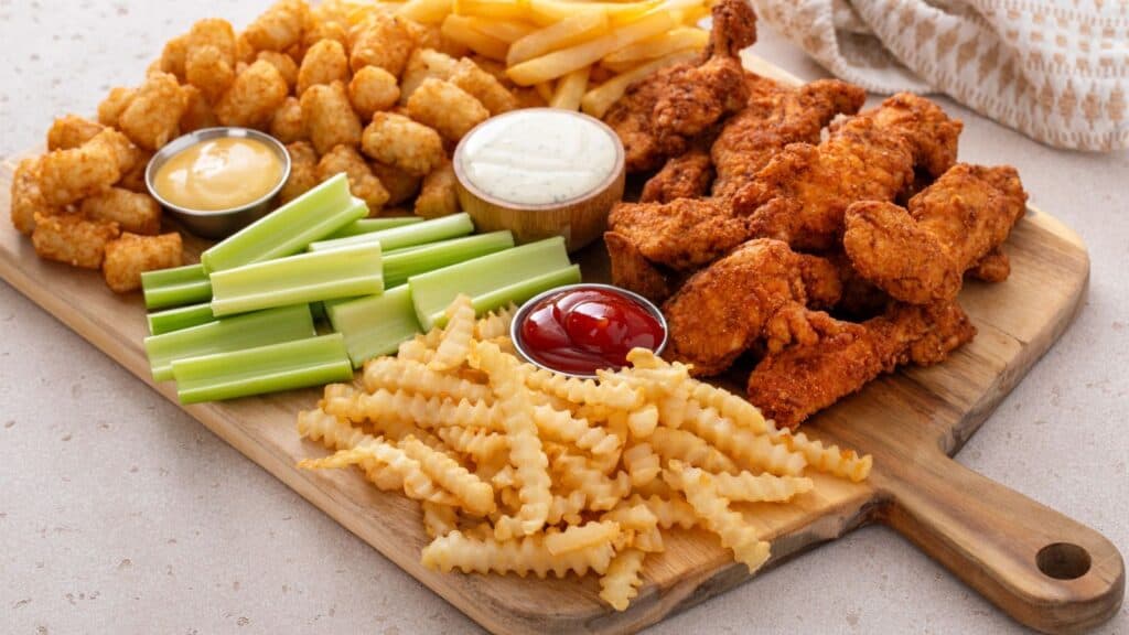 A wooden board with fried chicken tenders, crinkle-cut fries, tater tots, celery sticks, and three dipping sauces including ketchup and ranch.