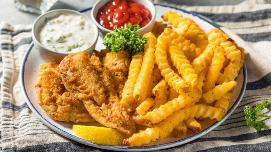 A plate of fried fish fillets, crinkle-cut french fries, a lemon wedge, parsley garnish, and cups of tartar sauce and ketchup on a striped cloth.