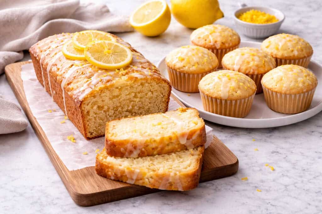 A loaf of lemon bread topped with lemon slices, two slices cut, and lemon muffins with glaze on a plate, all set on a marble surface with fresh lemons in the background.