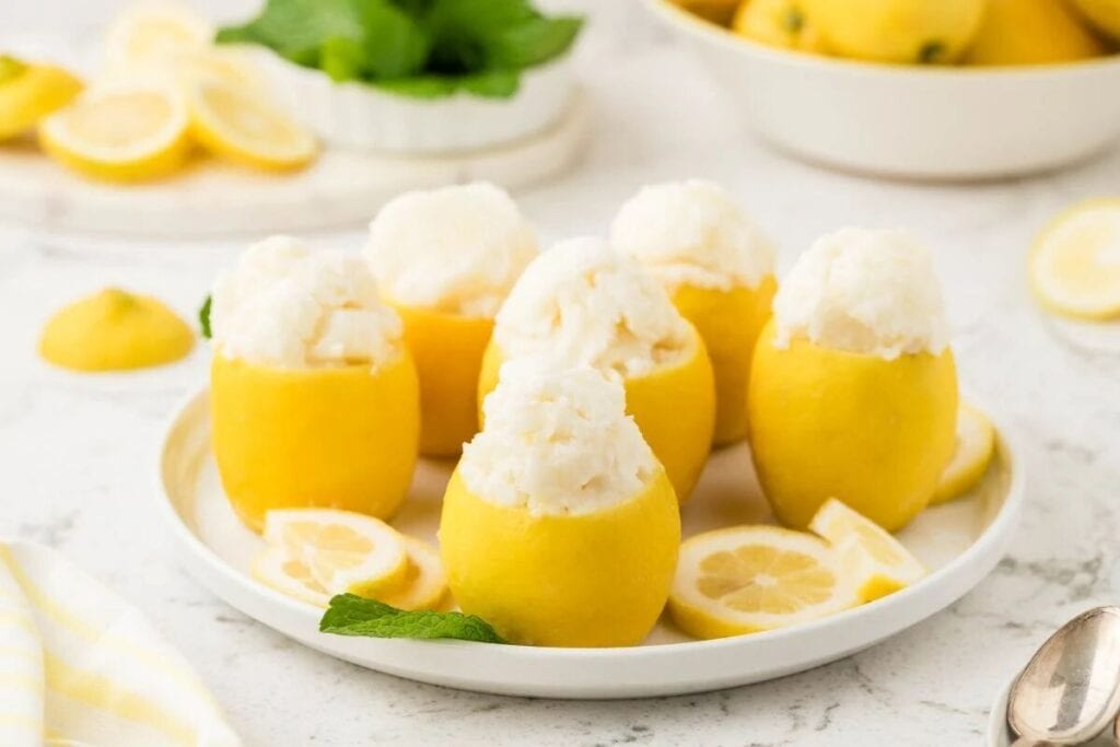 Six hollowed-out lemons filled with a white frozen treat are arranged on a white plate with lemon slices and a mint sprig, creating a refreshing display of citrus desserts. Other lemons and mint can be seen in the background.