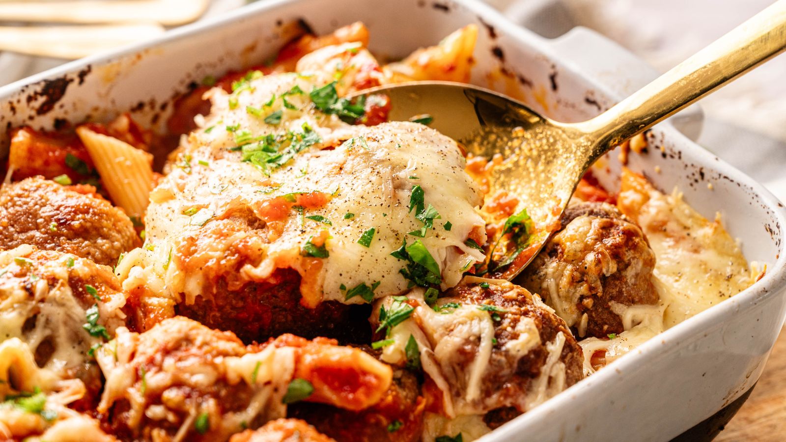 A baked pasta dish topped with meatballs, melted cheese, tomato sauce, and chopped herbs in a white casserole dish with a serving spoon.