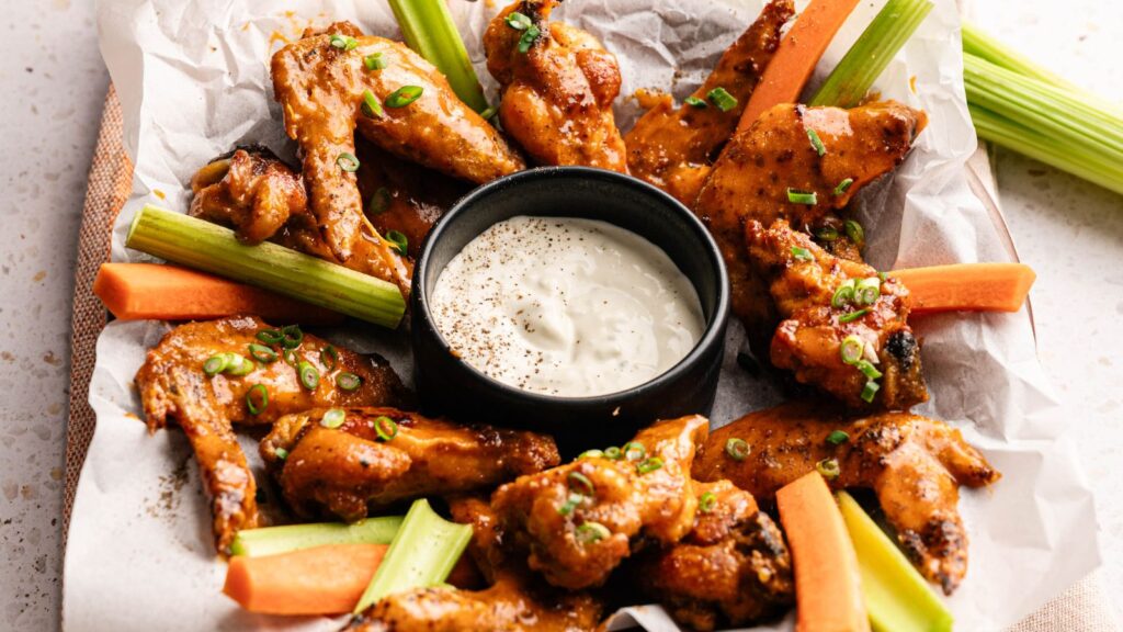 A tray of sauced chicken wings garnished with chopped green onions, served with celery and carrot sticks, and a cup of creamy dipping sauce in the center.
