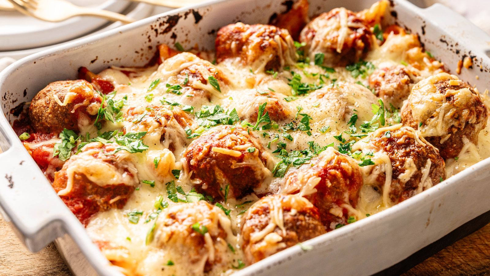 A baking dish filled with meatballs topped with melted cheese, tomato sauce, and chopped herbs.