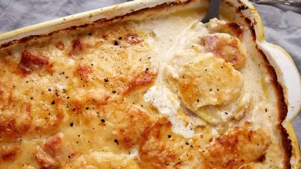 A baked dish of scalloped potatoes in a creamy sauce, with browned cheese on top and a serving spoon lifting out a portion.
