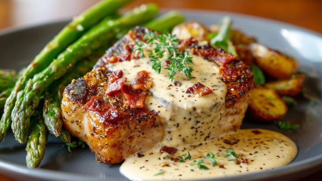 A grilled pork chop with creamy sauce, garnished with herbs and bacon pieces, served with roasted potatoes and asparagus on a gray plate.