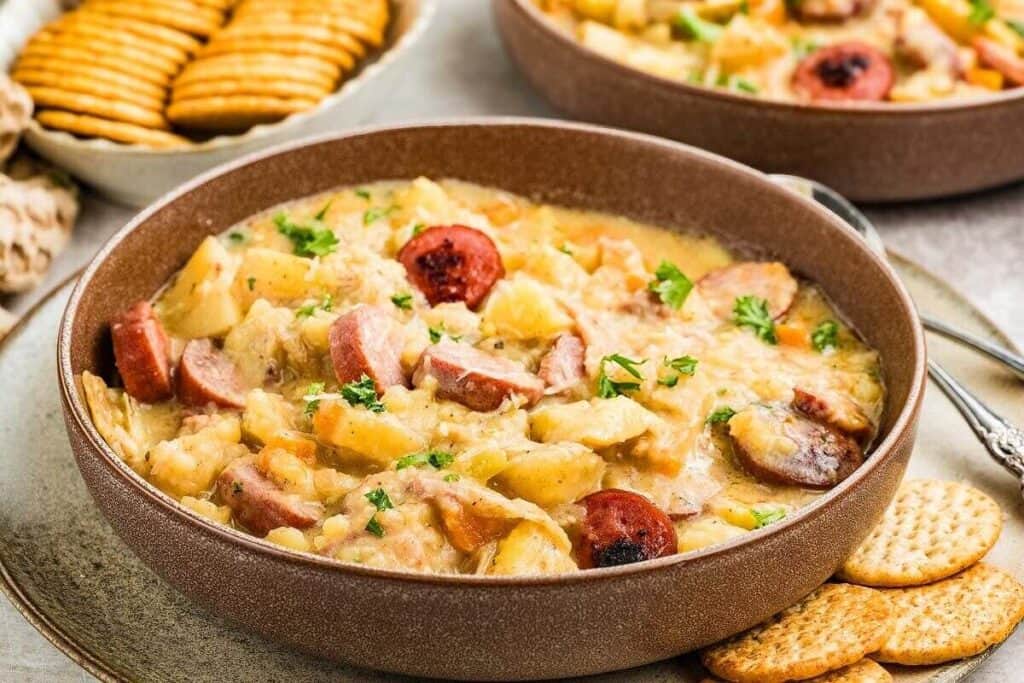 A bowl of stew with sausage, potatoes, and vegetables, garnished with parsley, served with round crackers on the side.
