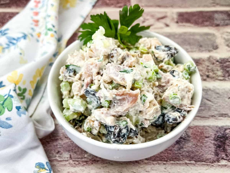 Chicken Salad with Walnuts and Cranberries in a bowl.