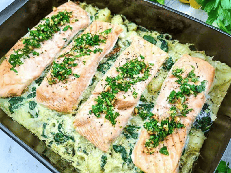 Salmon Gnocchi Bake with Gremolata on a dish.