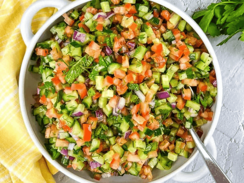 Shirazi Salad in a white serving bowl.
