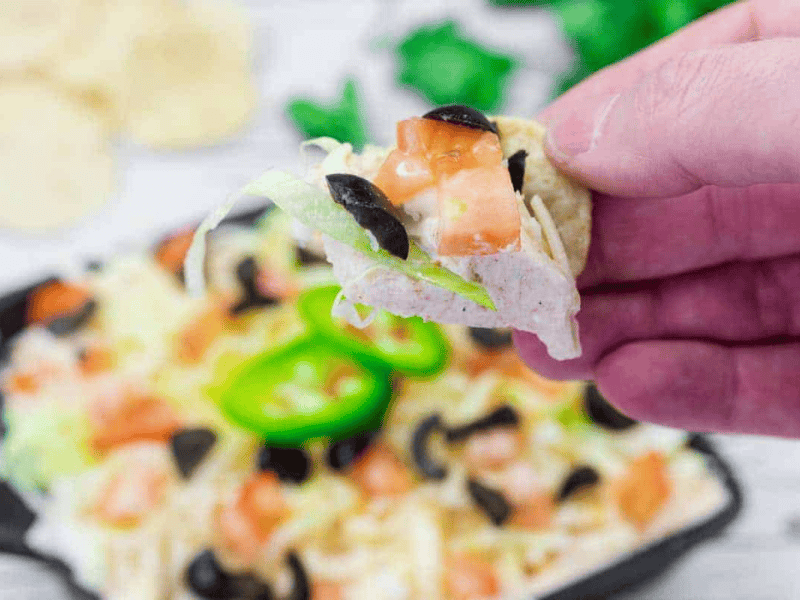 A hand is holding a chip topped with Tex-Mex taco dip above.