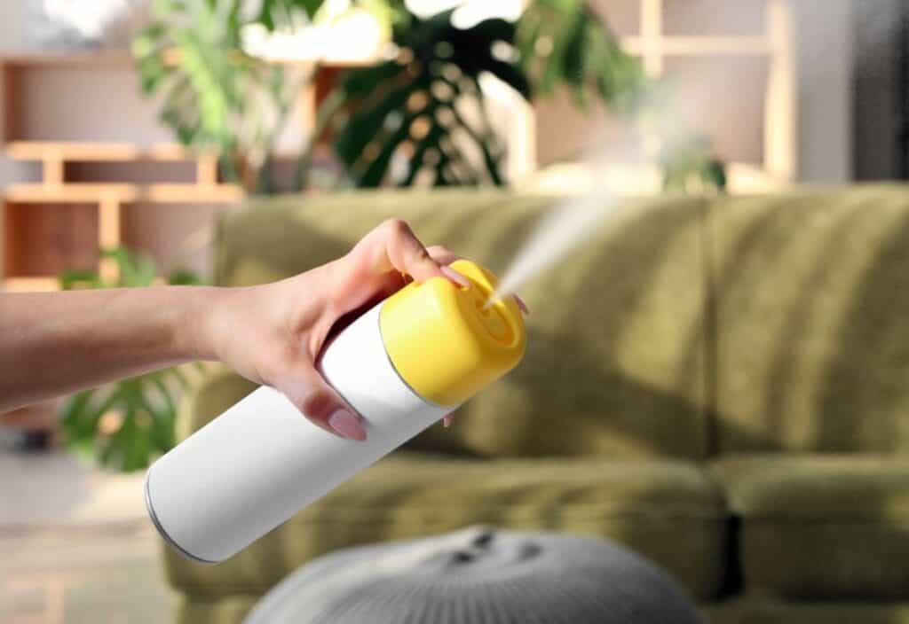 A person sprays an aerosol can with a yellow nozzle in a living room, embracing spring cleaning season amidst a green sofa and lush indoor plants in the background.