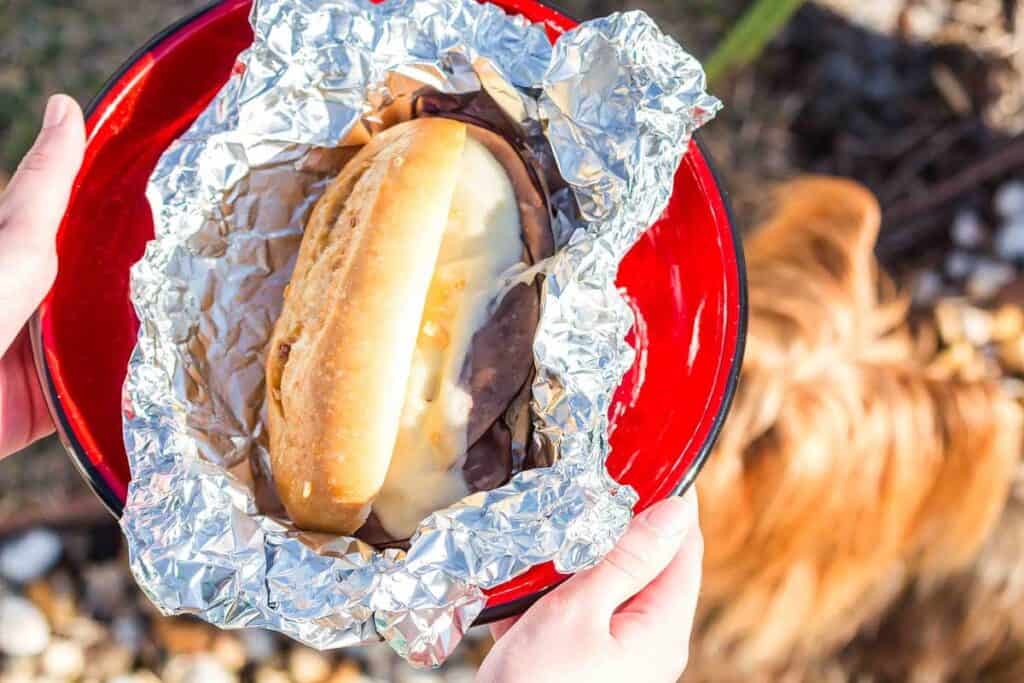 A sandwich with melted cheese in a hoagie roll sits on foil on a red plate, held by hands; a brown dog is visible in the background.