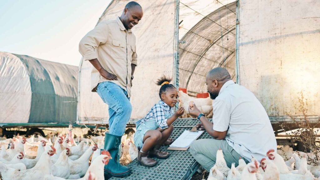 Two adults and a child interact on a chicken farm during workplace visits, surrounded by chickens. One adult holds a clipboard, while the child holds a chicken egg.